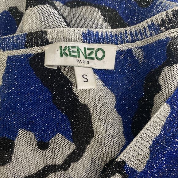 KENZO Blue Multi Lurex Abstract Long Sleeve V Neck Sweater Top Curved Print S - Picture 3 of 3